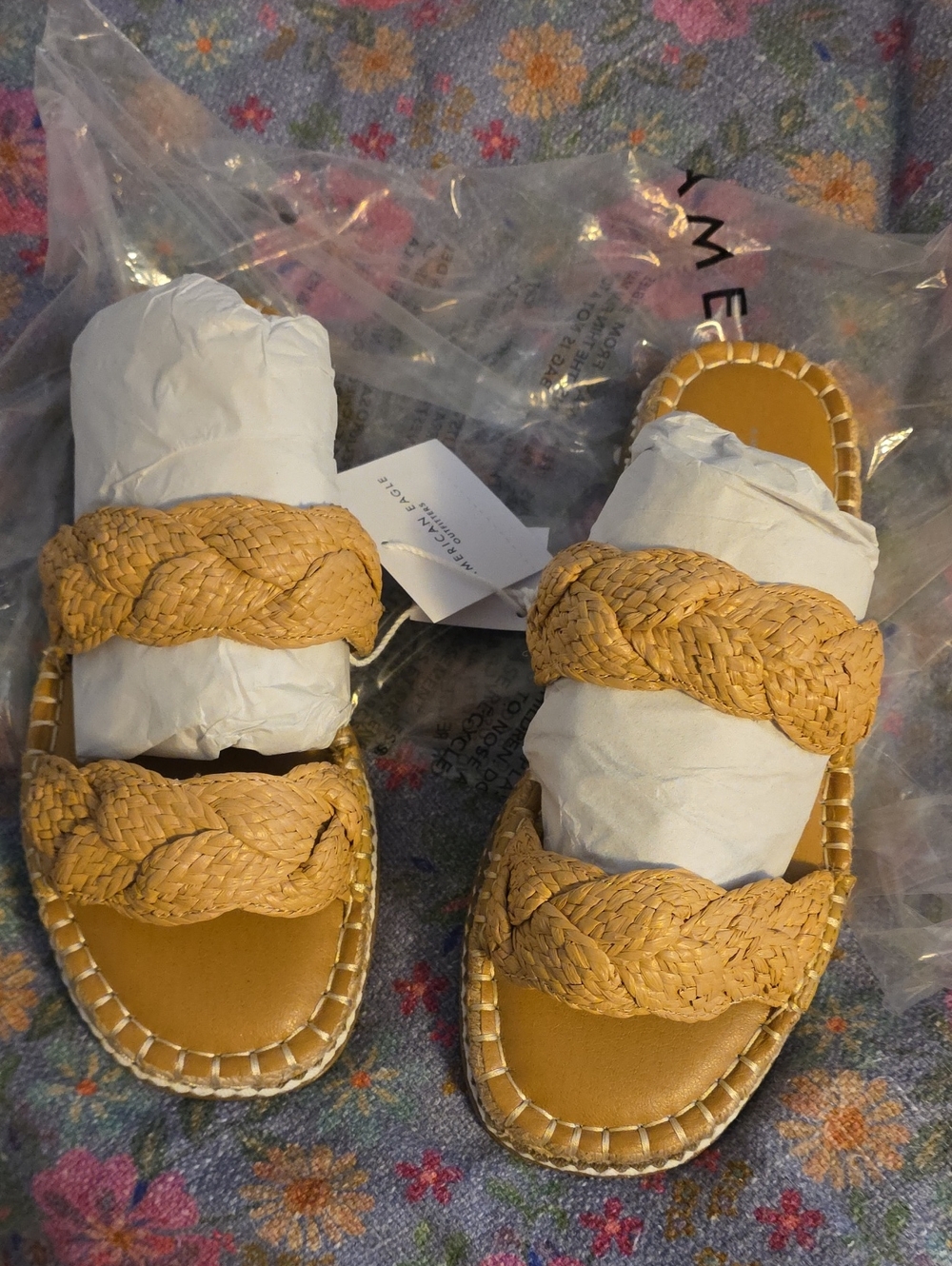 American Eagle Outfitters Tan Woven Double-Strap Slide Sandals